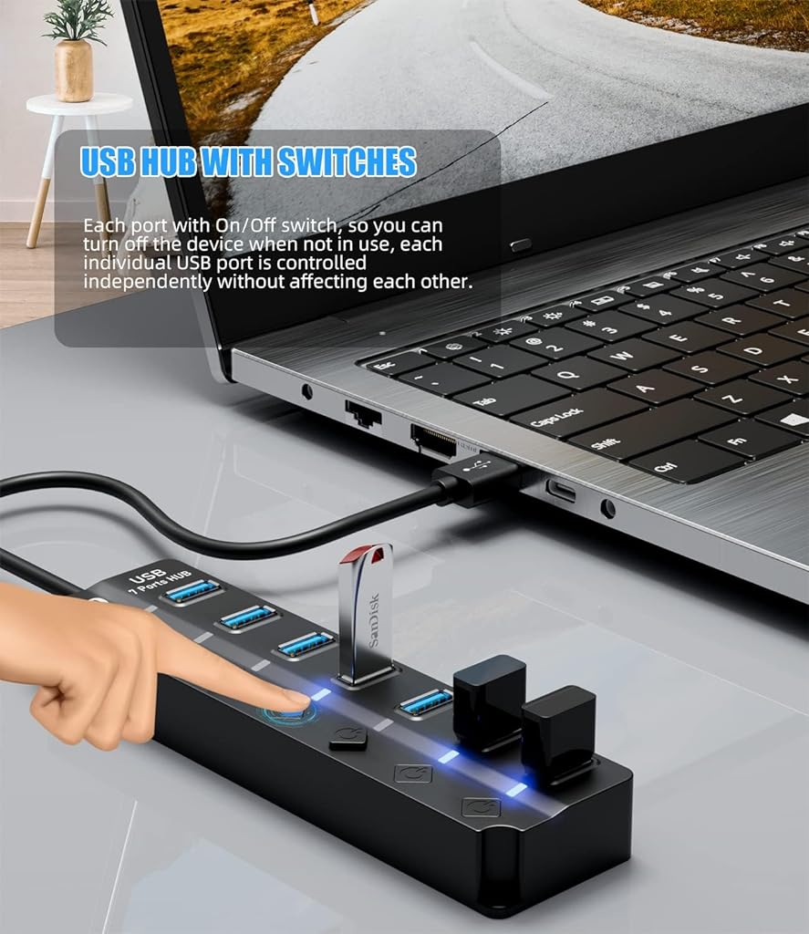 7 PORT USB HUB PC Multiport Adapter with 7 USB Ports High Speed 3.0 USB Hub